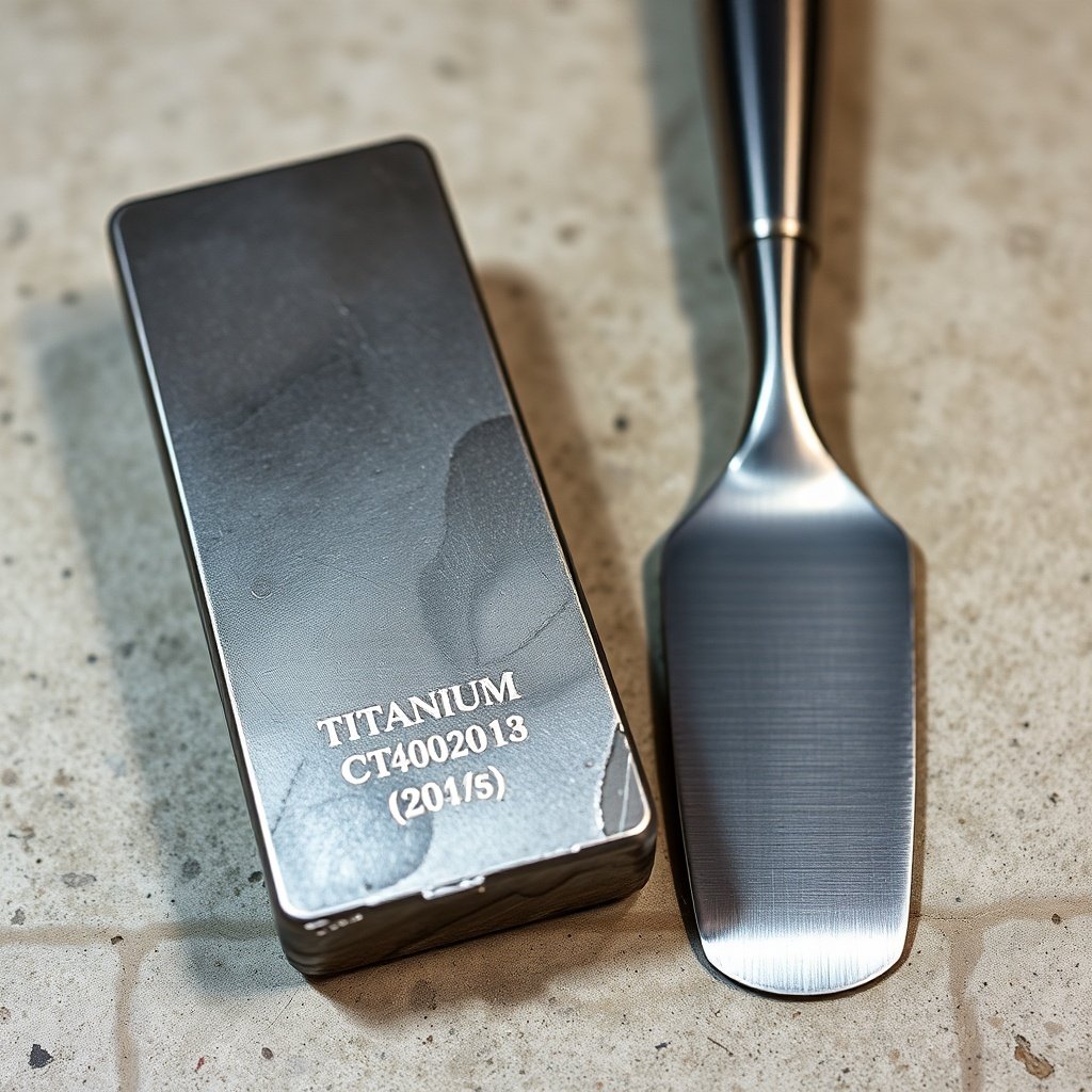 titanium metal ingot next to a polished titanium kitchen tool on a concrete surface, industrial craf