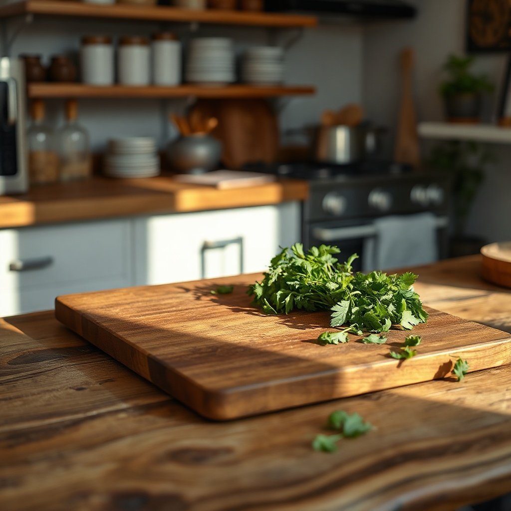 warm lifestyle kitchen background with a titanium cutting board and fresh herbs on a wooden counter,