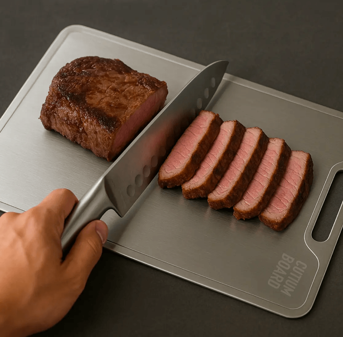 overhead product photography flat-lay of a titanium cutting board with fresh vegetables and a chef k